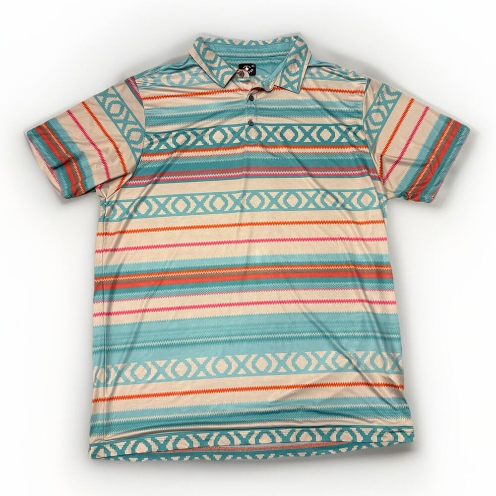 Raised By Coyotes Polo Shirt Mens XL Turquoise Southwestern Aztec Golf Polo